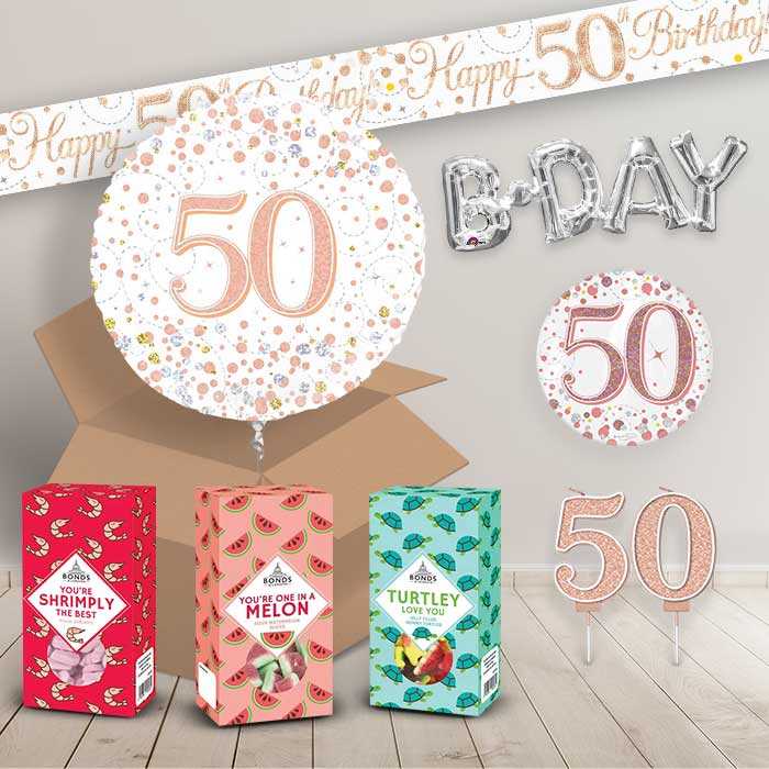 50th Birthday in a Box Package includes Sweets, Rose Gold Balloon and Decorations image 2